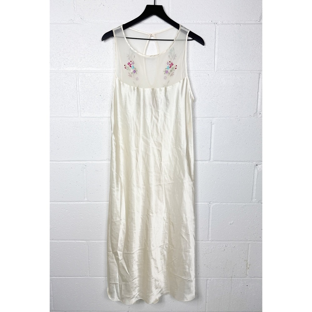 Vintage Satin Midi Slip Dress Embroidered Ivory‎ Cream Semi Sheer Size XL